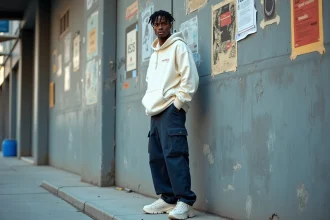 Jeune homme en tenue rap US 2026 avec hoodie oversize crème et cargo indigo dans un cadre urbain béton