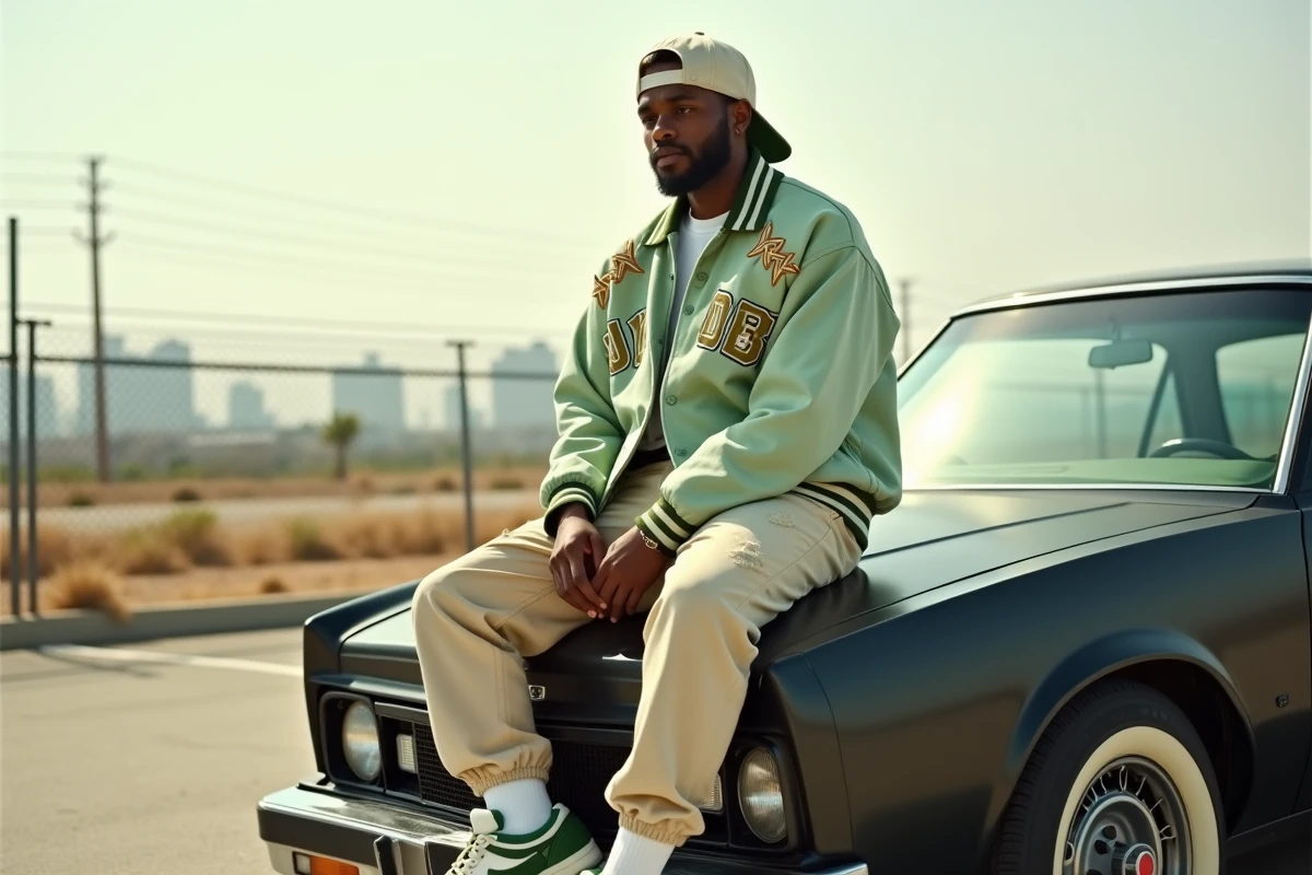 Homme assis sur une voiture américaine vintage arborant un look streetwear rap US 2026 avec veste varsity sauge et sneakers rétro