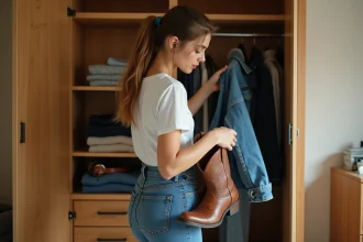 Jeune femme qui choisit une tenue santiag dans son dressing en associant boots en cuir, jean et veste en denim
