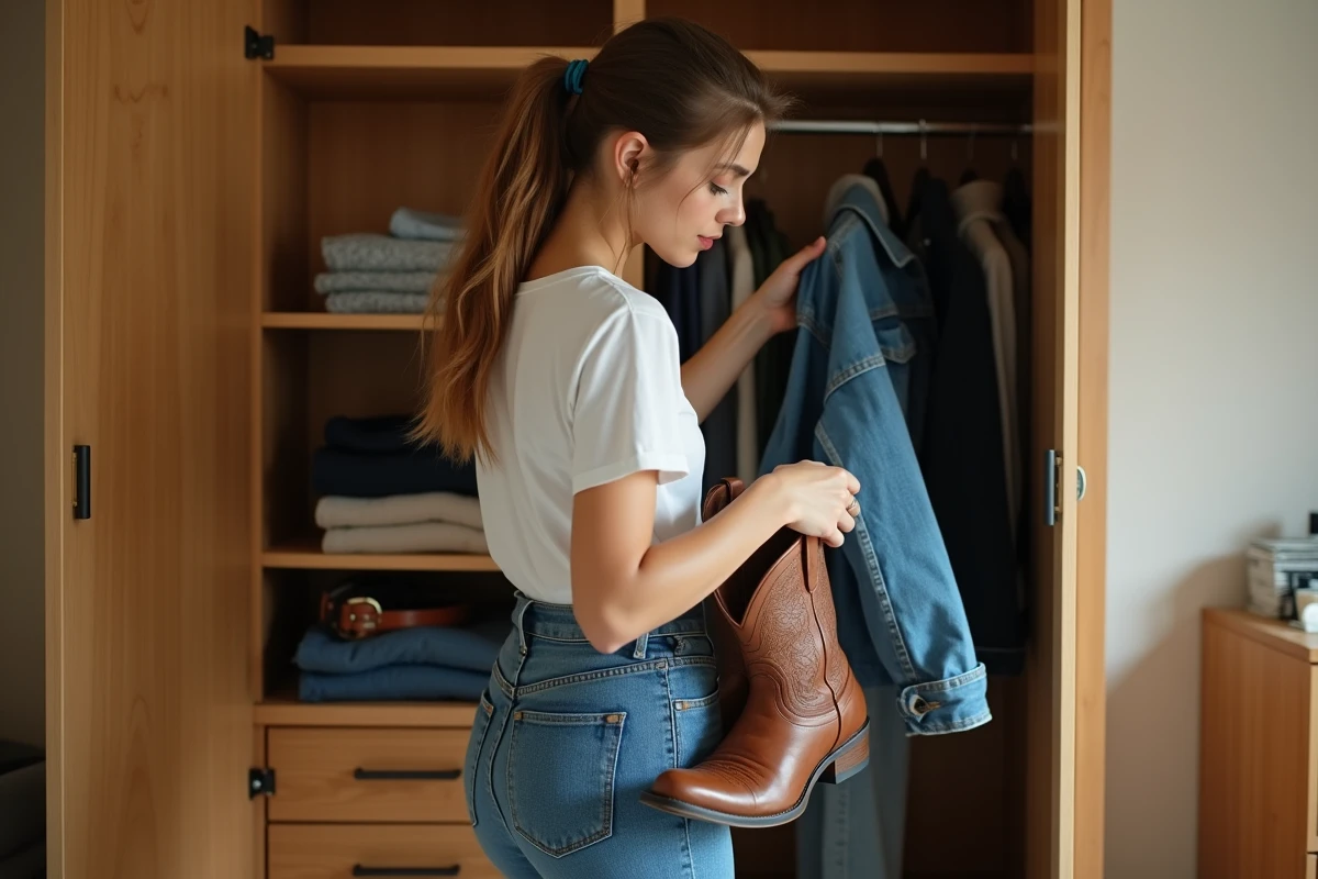Jeune femme qui choisit une tenue santiag dans son dressing en associant boots en cuir, jean et veste en denim
