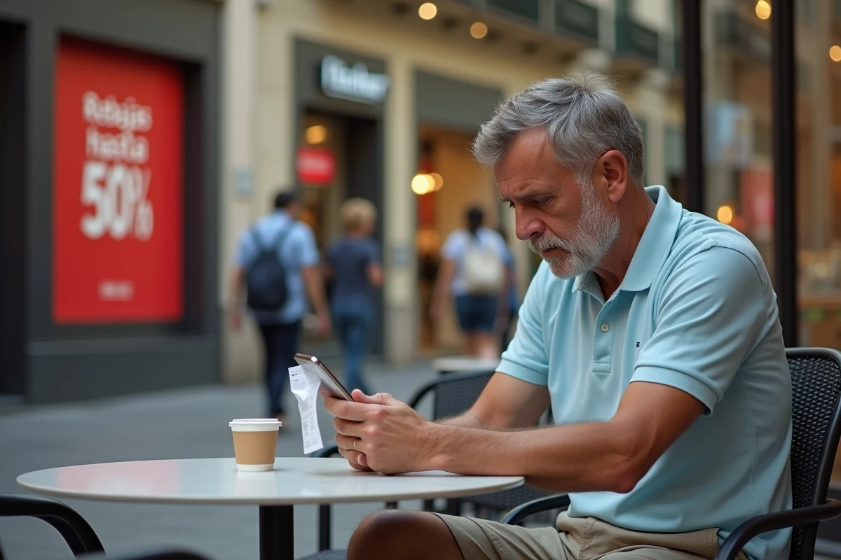 Touriste masculin frustré vérifiant un reçu de shopping pendant les soldes en Espagne