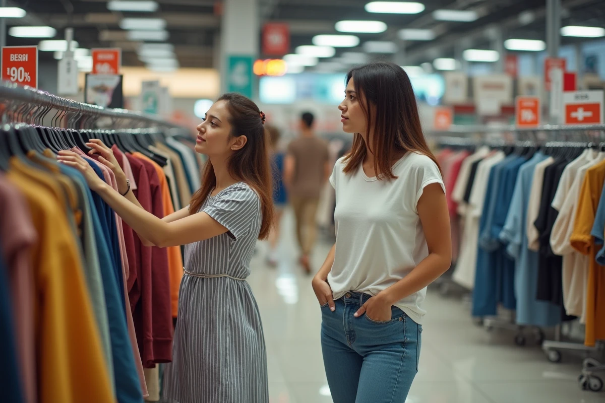 Deux touristes dépassées par les événements fouillant des portants de vêtements dans un grand magasin pendant les soldes en Espagne