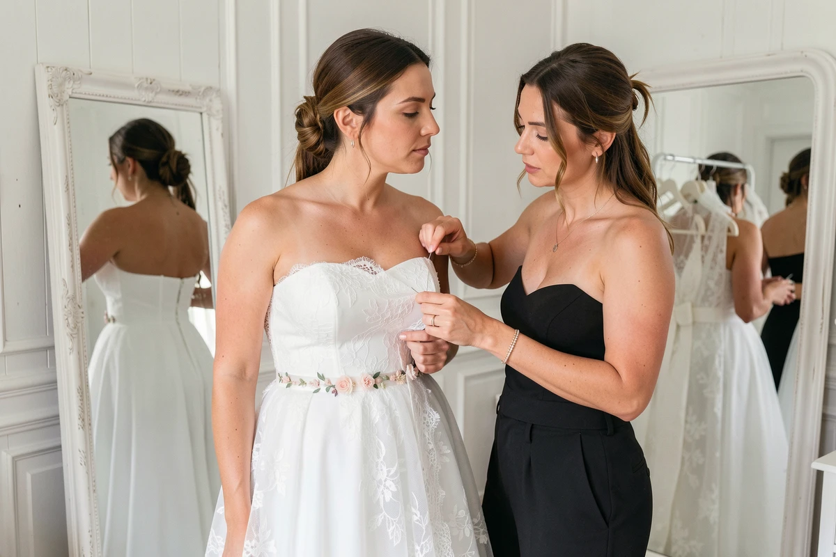 Transformation d'une robe bustier blanche en robe de mariée dans un atelier parisien avec styliste ajoutant une ceinture florale et une surjupe en dentelle