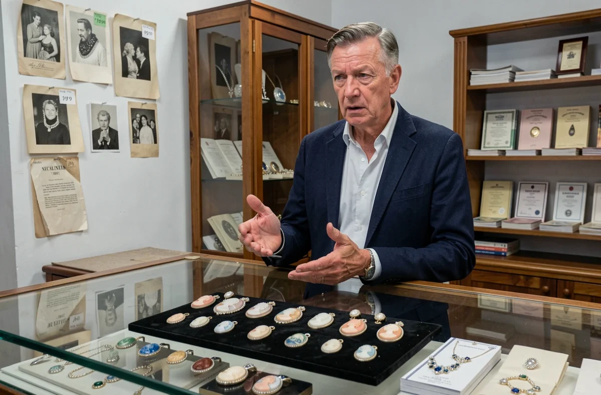 Vendeur en bijouterie d'occasion présentant une collection de camées anciens sur un présentoir en velours