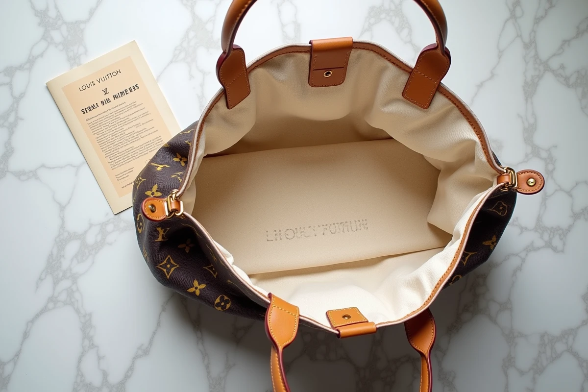 Vue aérienne d'un sac Louis Vuitton Neverfull ouvert sur un comptoir en marbre blanc, révélant le code date estampillé sur l'étiquette en cuir intérieur