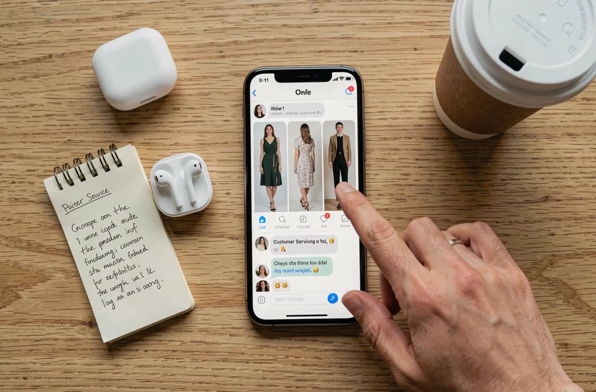 Vue aérienne d'un smartphone ouvert sur le service client de l'application Zalando posé sur un bureau en bois avec carnet et café