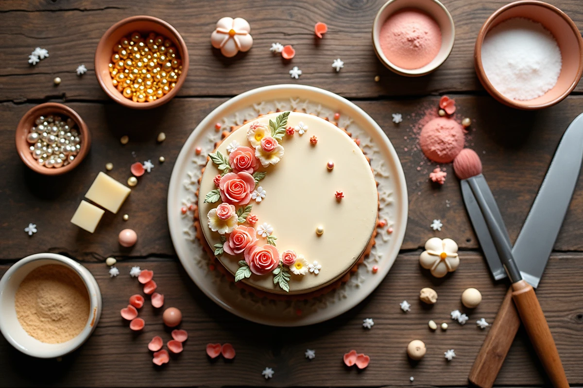 Vue du dessus d'une table en bois avec des produits Tess Goods et un gâteau décoré de perles en sucre et de poudre dorée comestible